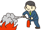 イラスト：消火器を使い消火訓練する男性
