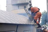 写真：屋根にのぼり救助活動する様子