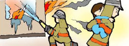 イラスト：消火作業する消防隊員と子供を救助する消防隊員