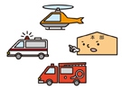 救急車、消防車、ヘリコプター、災害対策本部のイラスト