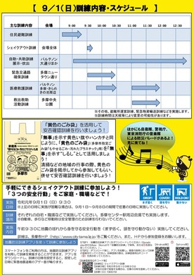 9／1（日曜日）の訓練内容・スケジュールの表と主な訓練内容の説明文があります。