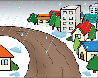 イラスト：さらに雨が強くなったときの小さな川