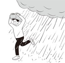 雨をかばんでしのいで走る人のイラスト