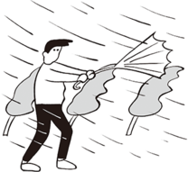 風で裏返った傘を持つ人のイラスト