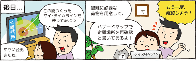 漫画4：「「すごい台風きたね。」「この間つくったマイ・タイムラインを使ってみよう！」「避難に必要な荷物を用意して、ハザードマップで避難場所を再確認と書いてあるよ！」「もう一度確認しよう！」