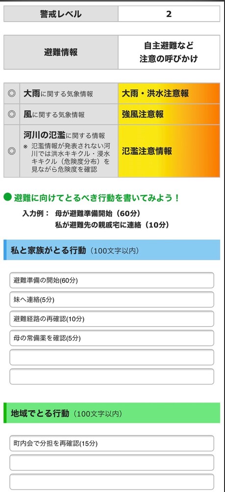 警戒レベル2の欄　入力例