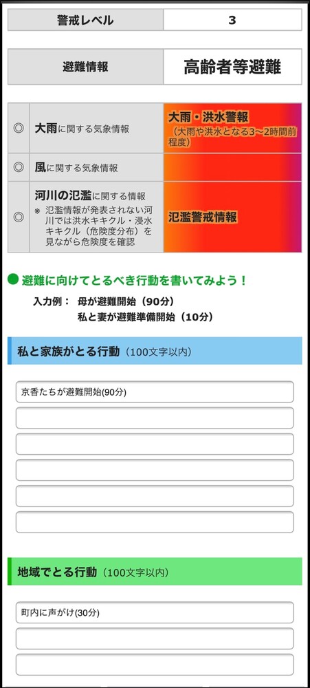 警戒レベル3の欄　入力例