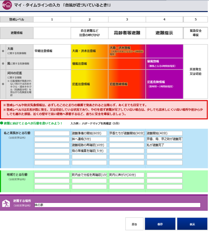 各警戒レベルと避難する場所の欄　入力例