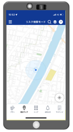 GPS機能と連動している水害リスクマップの画像