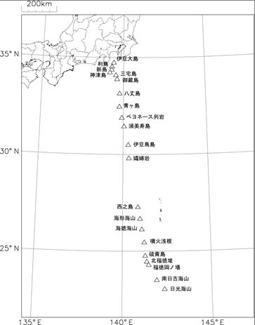 地図：伊豆大島から南下し、日光海山までの火山分布