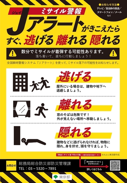 ミサイル警報Jアラートが聞こえたら、すぐ、逃げる（屋外にいる場合は、建物や地下へ避難しましょう）・離れる（窓のそばは危険です！外が見えない場所へ避難しましょう）・隠れる（建物などに逃げられなければ、物陰に隠れ、身を伏せ頭を守りましょう）お問い合わせは、東京都総務局総合防災部防災管理課　電話：03－5320－7891