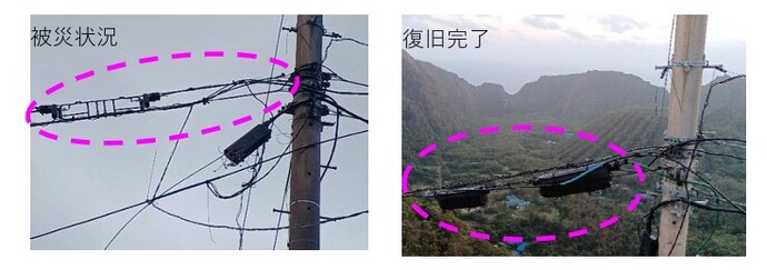 光ファイバーケーブルの被災状況と復旧完了の画像