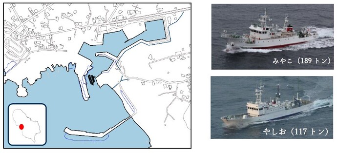 画像左:派遣先の地図。画像右:漁業調査指導船「みやこ」と「やしお」の写真
